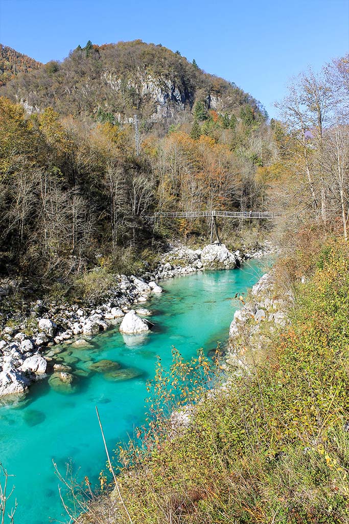 The Soca River near Kobarid, Slovenia. This river has some of the most beautiful river water I have ever seen. This peaceful hike to the popular Kozjak waterfall is a must do if you are near Kobarid.