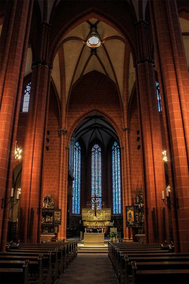 High vaulted ceilings inside St. Bartholomews Cathedral, Frankfurt am Main, Germany