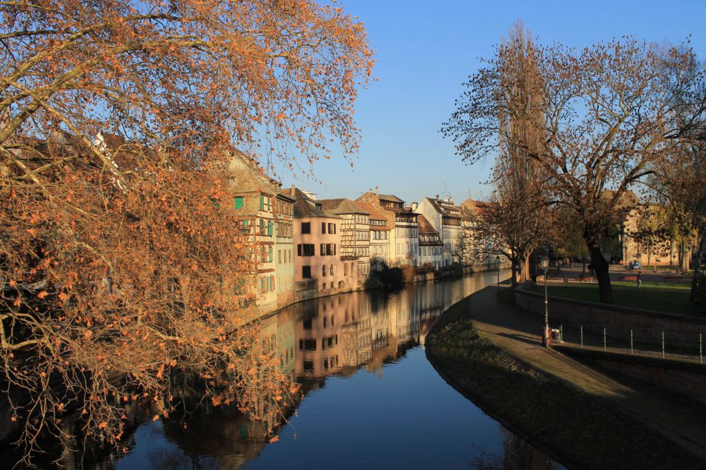 Canal on the Rhine River with Half-timbered houses lining it in Strasbourg, France