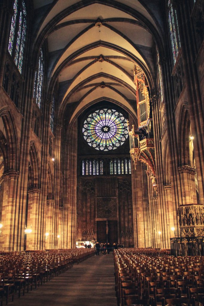 Gothic interior with high vaulted ceilings of Strasbourg Cathedral France
