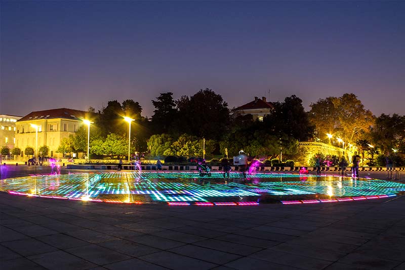 Multi-coloured solar lights on a dance floor at night, Zadar Croatia's Salute to the Sun