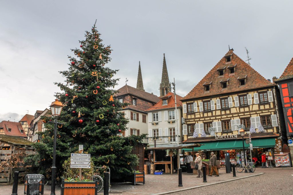 Christmas tree and market at Obernai France in Alsace. Obernai is part of the Alsace wine route and can be included on a 7 days in France