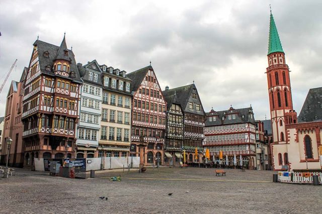 Romerberg in Frankfurt am Main, Germany showing timbered buildings and church