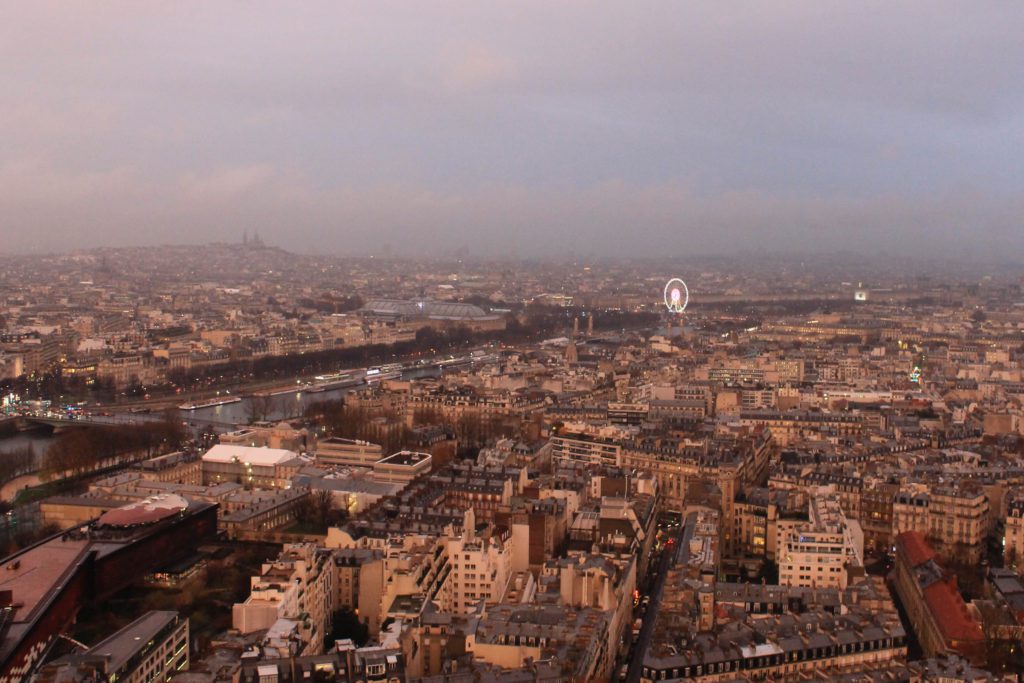 View over Paris at sunset from the Eiffel Tower, France