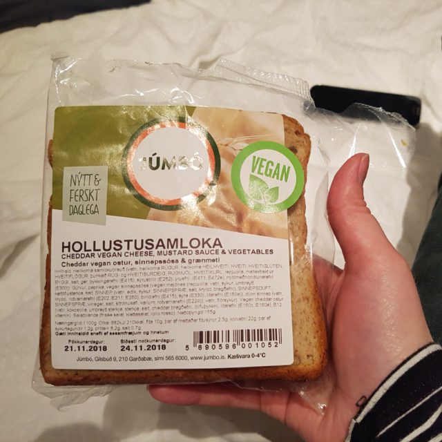 Vegan sandwich you can buy from grocery stores in Iceland including Reykjavik and across the southeast coast. It was surprisingly easy to find vegan groceries in Iceland