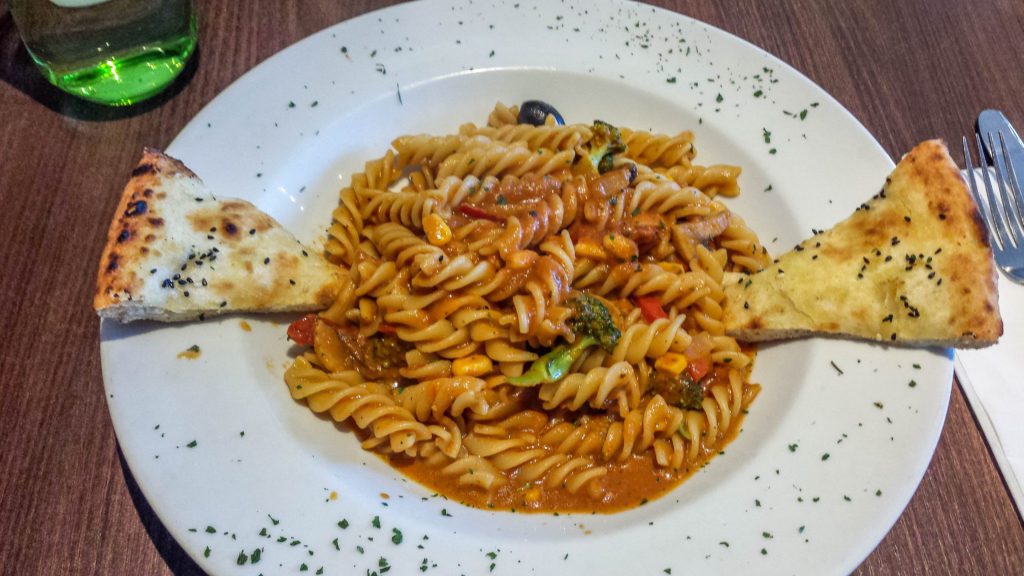 My cheapest meal in Ireland was this vegetarian pasta dish from Blarney.