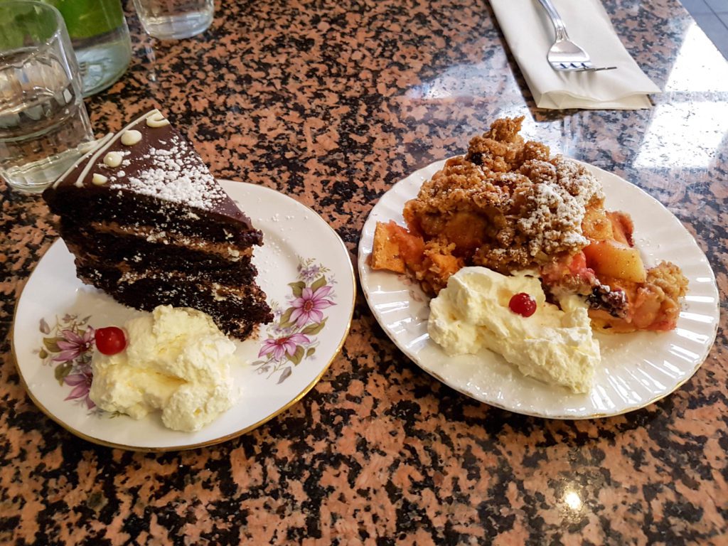 Chocolate cake and a fruit crumble at Queen of Tarts in Dublin. They also have vegan desserts.