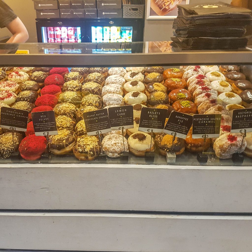 Selection of donuts at the Rolling Donut in Dublin including vegan options