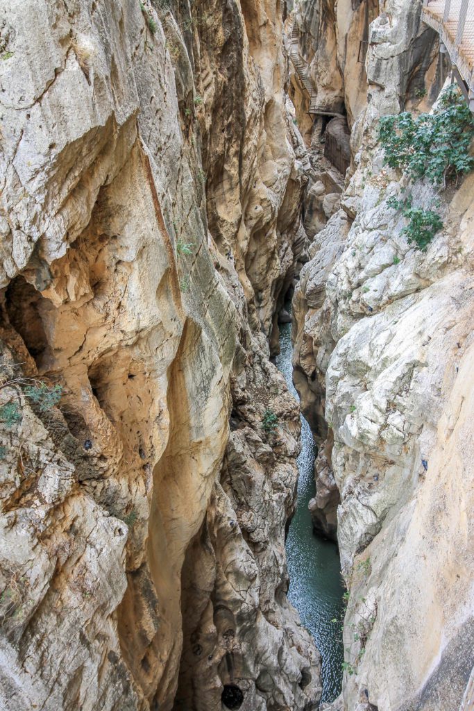 Looking down in the gorge on the Caminito del Rey hike in Spain