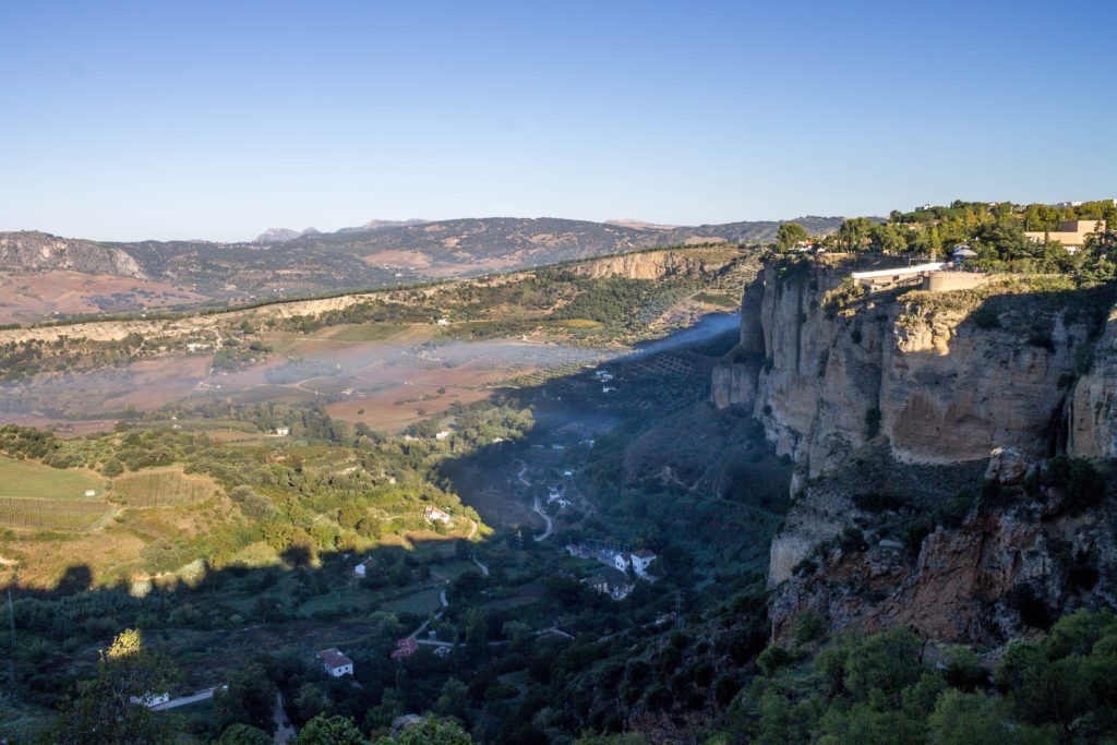 Looking into the valley below the white village of Ronda Spain