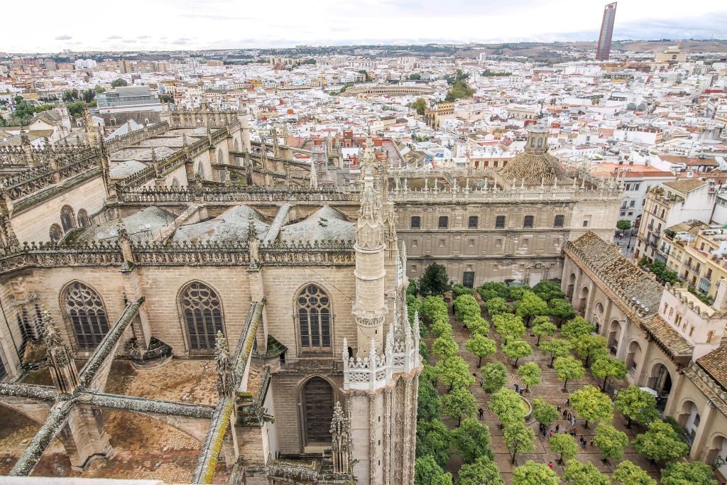 View over the gothic Seville cathedral with gargoyles and arches on view as well as the orange trees. The top of the giralda is one of the best views of the Seville.