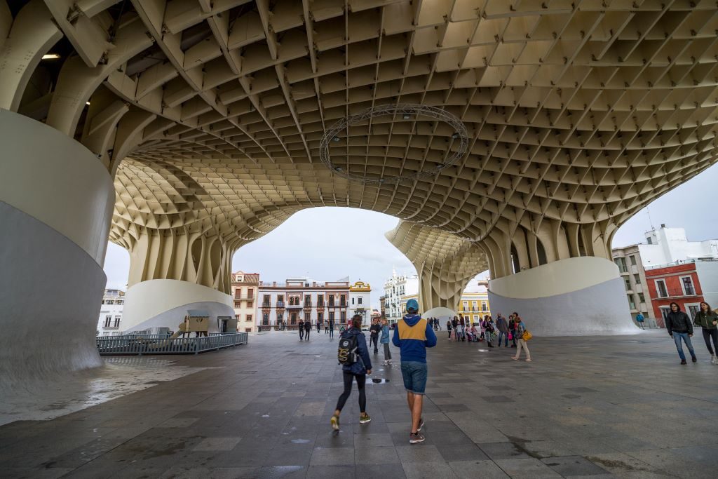 Underneath the Setas de Seville, one of the best places to watch the sunset in Seville.