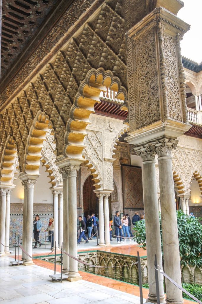 Beautiful Moorish style scrolled arches of the Real Alcazar, Seville, southern Spain