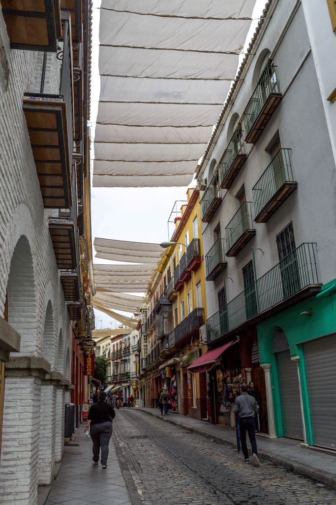 White canopy covers a street in Seville, Spain with white and colorful painted buildings on either side. I loved that to combat the extreme heat that southern Spain gets, some streets were canopied to block out the sun.