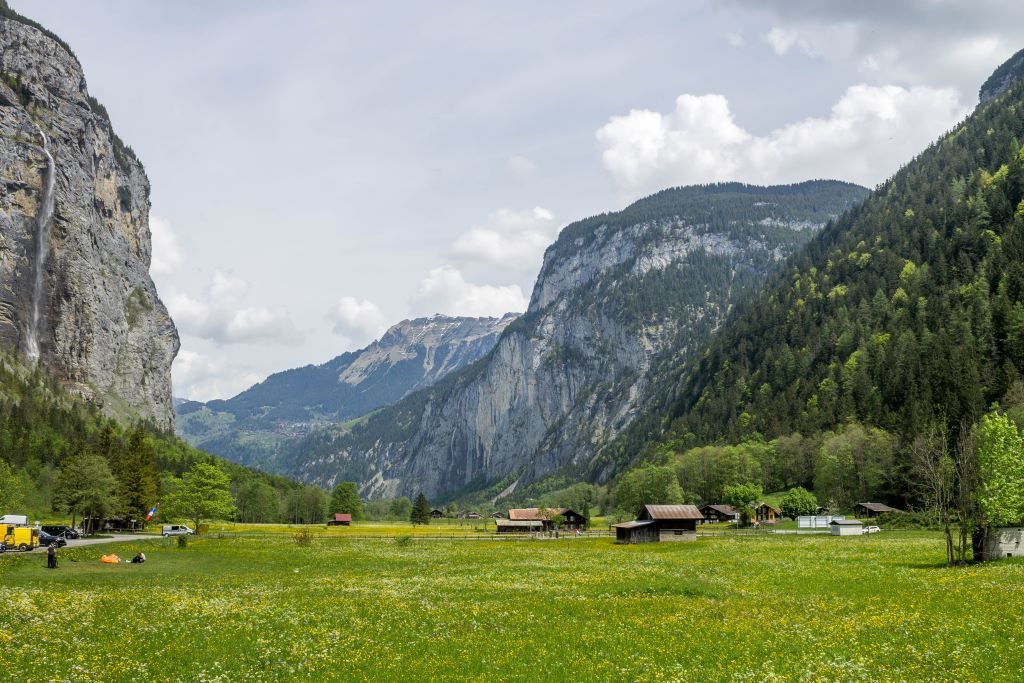 Meadow and waterfall in Lauterbrunnen Valley, Switzerland