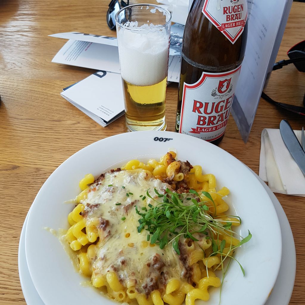 Noodle dish and beer at Piz Gloria, Schilthorn