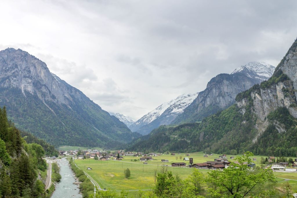 View of Swiss Alps with river from near Aare