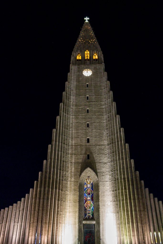 Hallgrimskirkja Church at nighttime in Iceland's capital, Reykjavik.