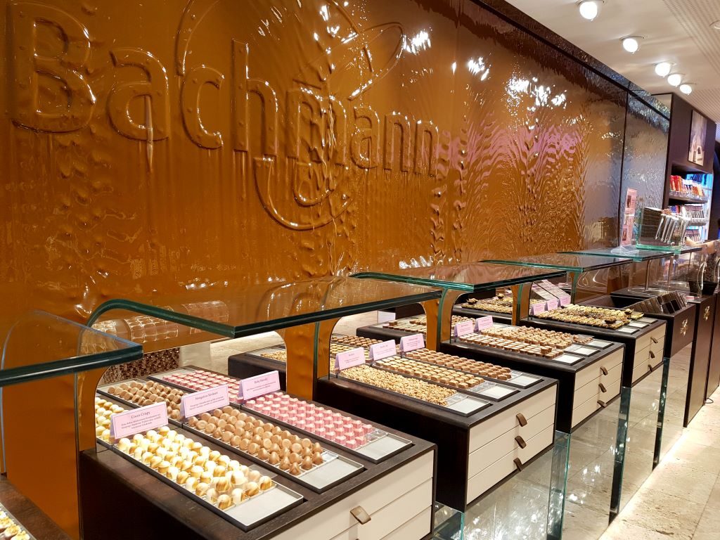 Bachmann's shop in Zurich has a beautiful wall of chocolate behind it's delicious Swiss truffles.