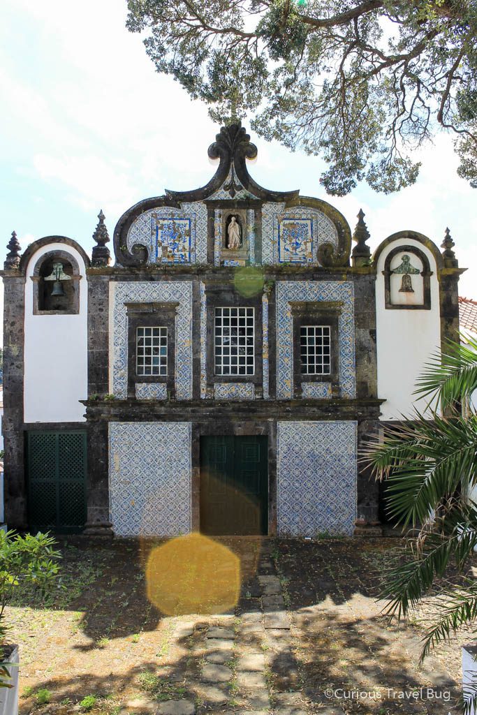 The beautiful facade of the Caloura convent located close to the ocean. This Portuguese convent is easily seen just off the main road in Sao Miguel, Azores