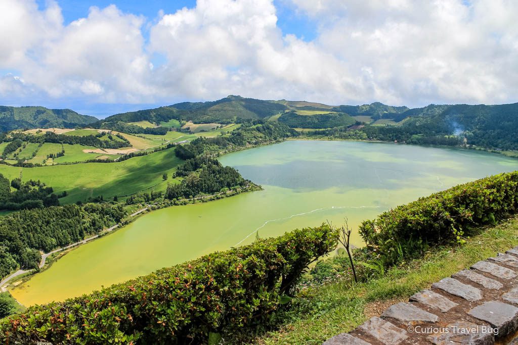 View of the Lagoa das Furnas from Pico do Ferro viewpoint. This crater lake is one of the most famous lakes on the island of Sao Miguel in the Azores. The town nearby, Furnas, offers up many activities including hot springs. 