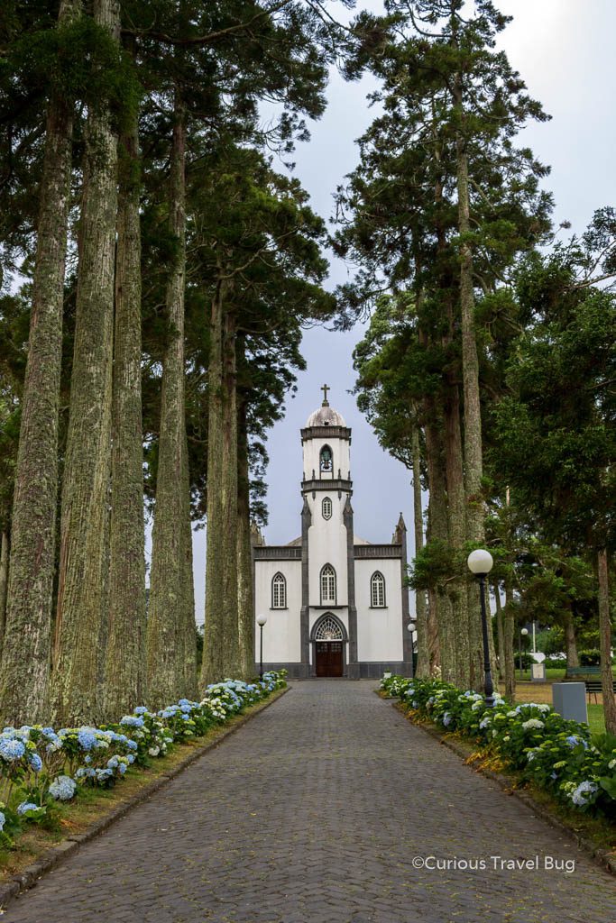 The church of St. Nicholas is an adorable church in Sete Cidades in the Azores. It is especially beautiful when the blue hydrangeas are blooming. 