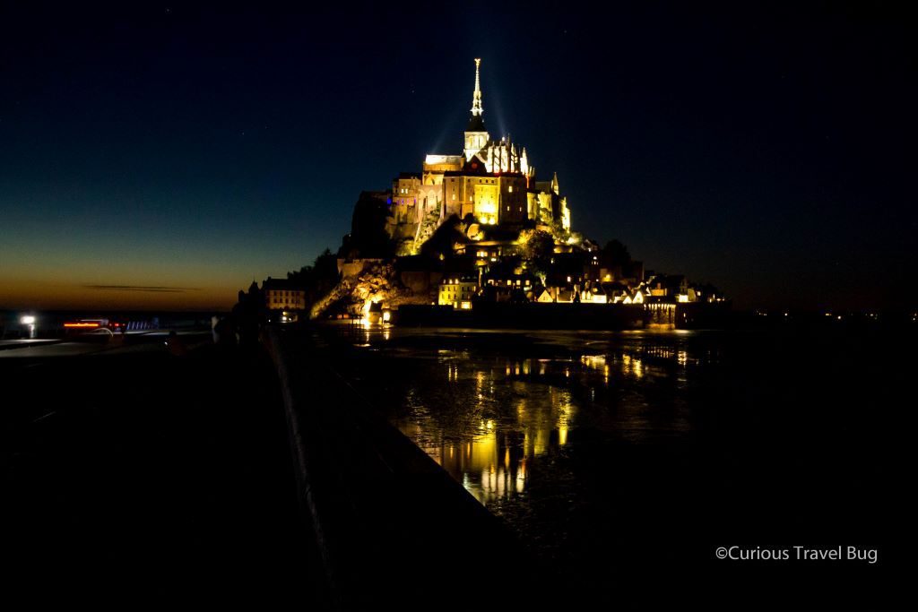 Mont Saint Michel at night. I highly recommend visiting Mont St Michel in the evening to explore it with out the crowds.
