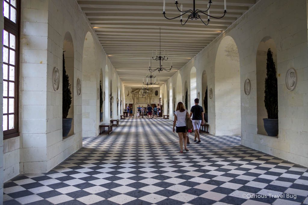 The interior of Chateau Chenonceau in the Loire Valley. This hallway known as "the gallery" is the part of the chateau that is over the river.
