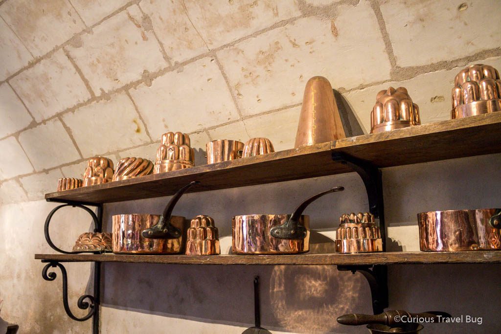 Copper pans located in the kitchen of Chateau Chenonceau