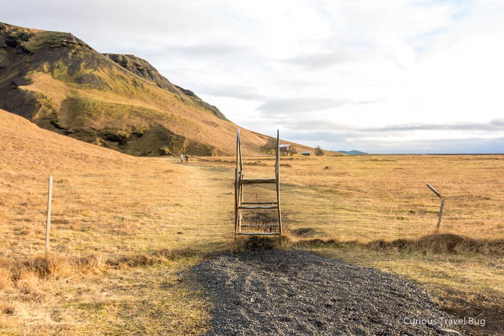 This step ladder will take you to the trail to find Kvernufoss. A hidden waterfall in Iceland you can walk behind.
