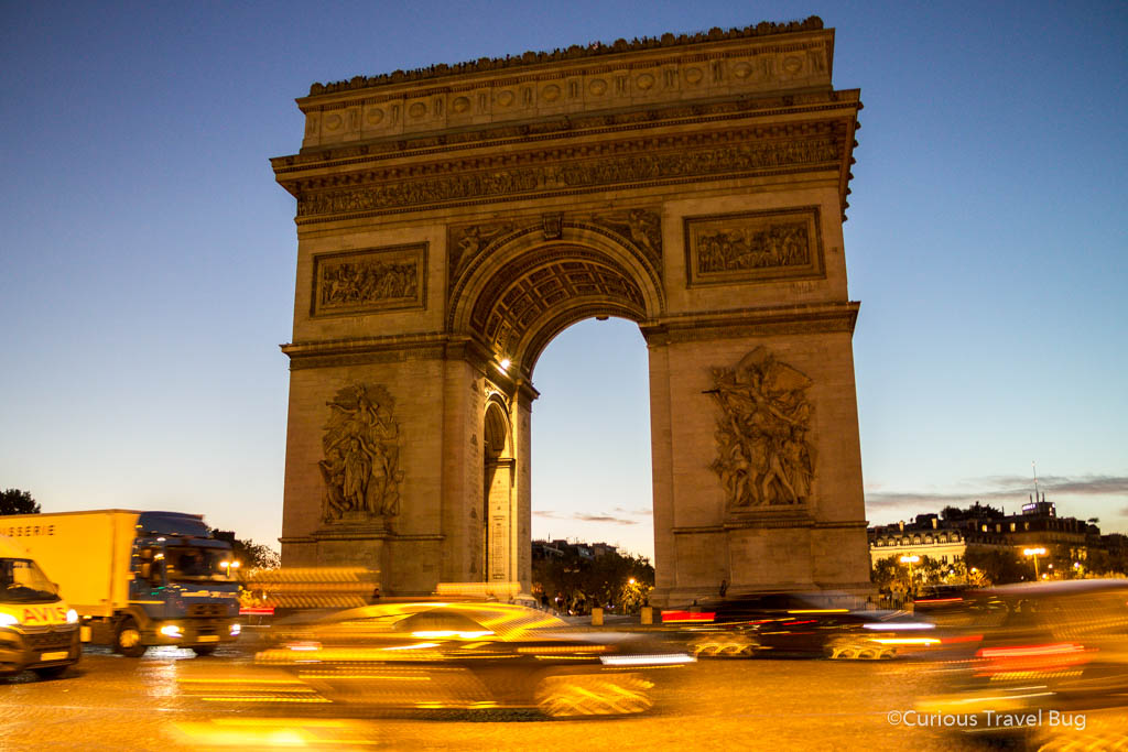 Arc de Triomphe in Paris doesn't take long to visit and is a fantastic place to see the sunset from, it has a great view of the Eiffel Tower. The Arc de Triomphe is set in a huge traffic circle at the end of Champs d'Elysees