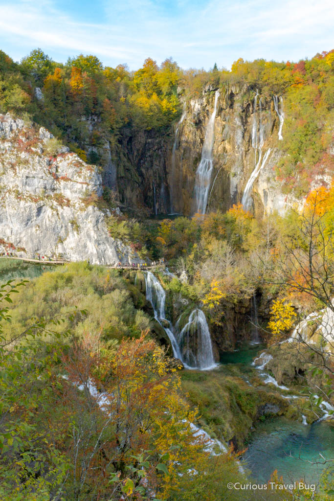 This is the first view of Plitvice Lakes you get when you start hiking from Entrance 1 of the park. The stunning view of the tallest waterfall in the park, Veliki Slap and the curving boardwalks that Plitvice is famous for.