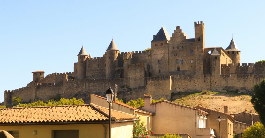 The walls of the fortress at Carcassonne. This walled city is a UNESCO site in southern France that is worth visiting to see this massive fortress.