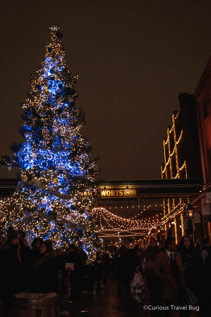 Christmas tree at the Toronto Christmas Market in the Distillery District. This market is one of the top Christmas activities in the city.