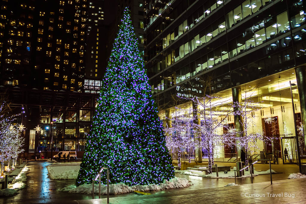 Christmas tree in a plaza in Toronto's Financial District. Winter in downtown Toronto is full of beautiful light displays