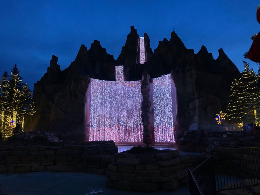The waterfall at Canada's Wonderland in Vaughn lit up for WinterFest. It's one of the Christmas activities located outside of downtown Toronto
