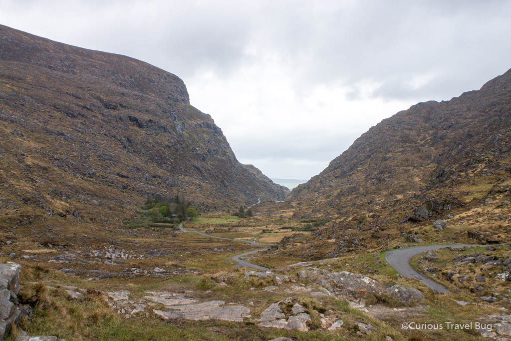 View of the Gap of Dunloe taking in the mountains and narrow road. It truly is one of the most beautiful sights in Ireland