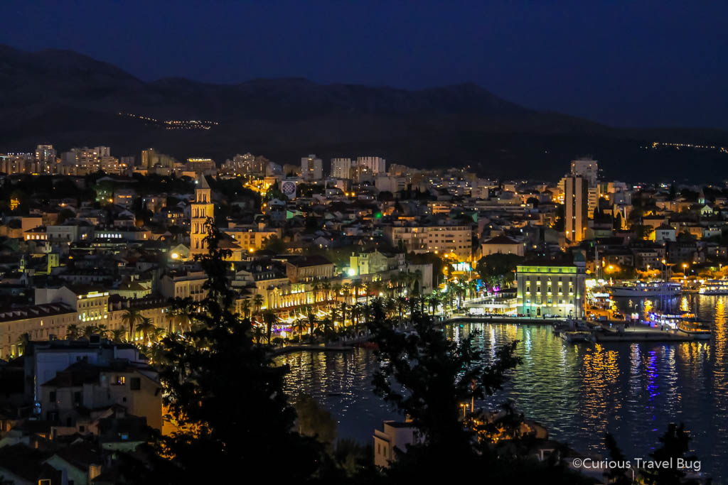 Split, Croatia at night with the bell tower and Diocletian's Palace visible