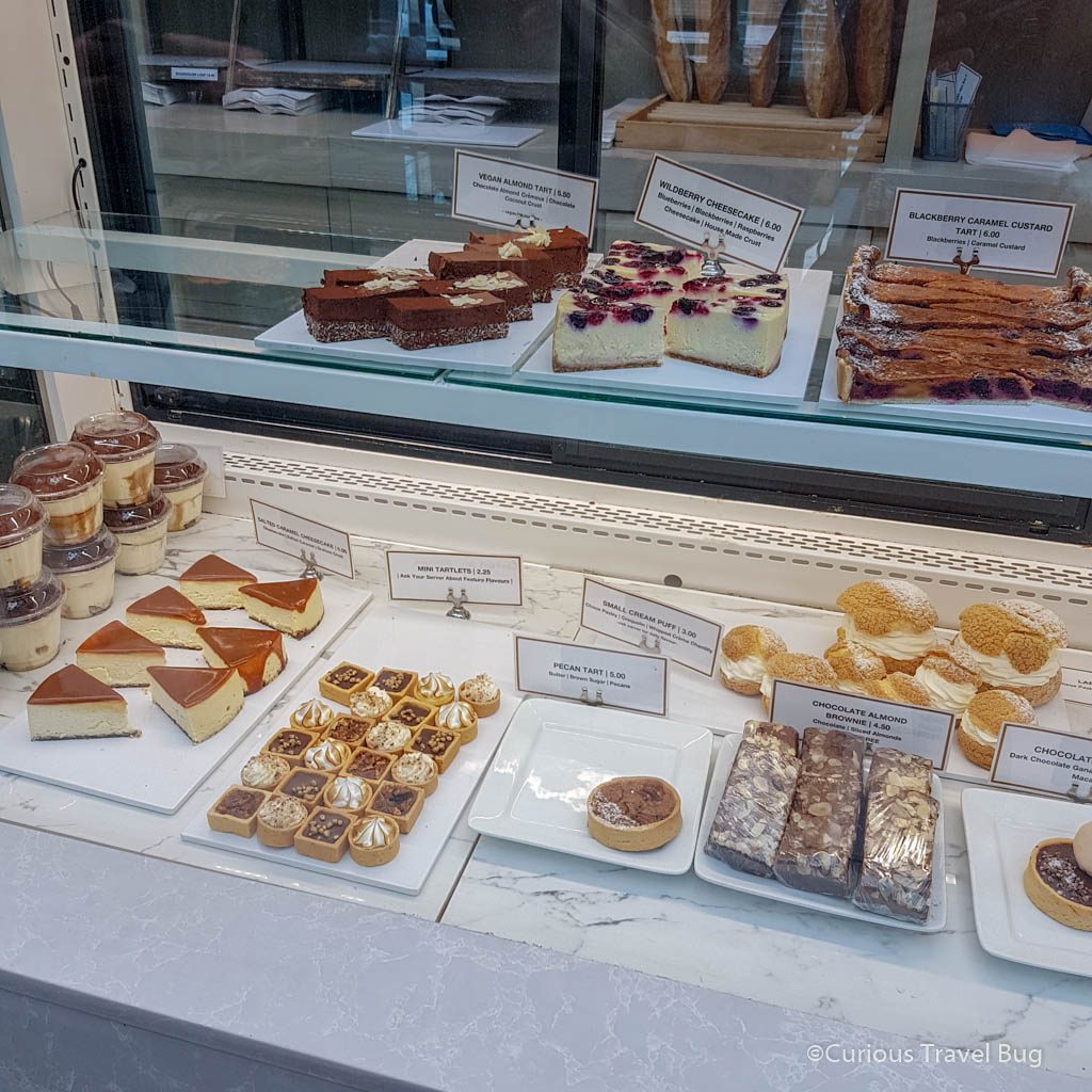 Display of desserts, including vegan desserts, at Alforno in Calgary near the Calgary Peace Bridge is a great place to visit for some dessert or a meal.