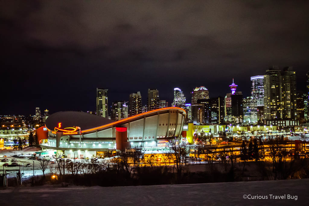 View of the Saddledown and Calgary downtown at night.