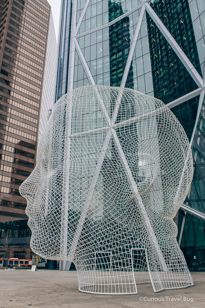 The Wonderland Sculpture in downtown Calgary is a unique piece of artwork of a giant mesh head that you can actually walk inside.