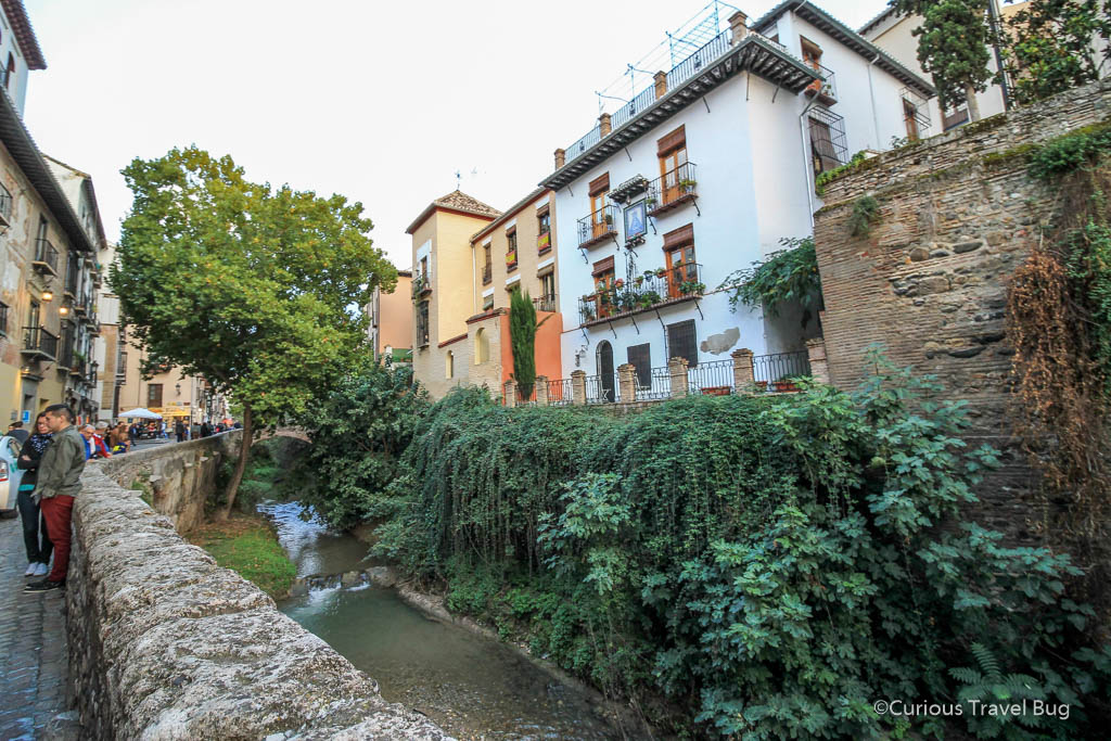 Carrera del Darro street next to the river in Granada. This is a great place to walk to see some of the architecture of Granada and is nice and close to the Albayzin neighborhood.