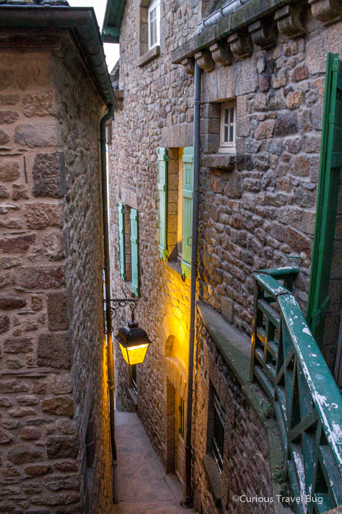 Lit up streets of Mont Saint Michel. There are tiny alleys everywhere on the Mont.