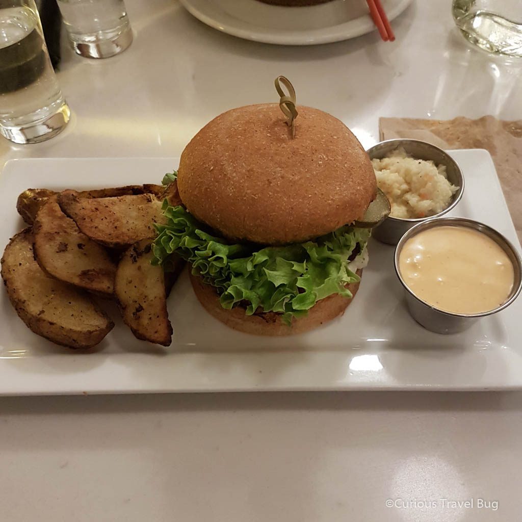 Vegan burger from Aux Vivre, Montreal. This is one of Montreal's best vegan restaurants.