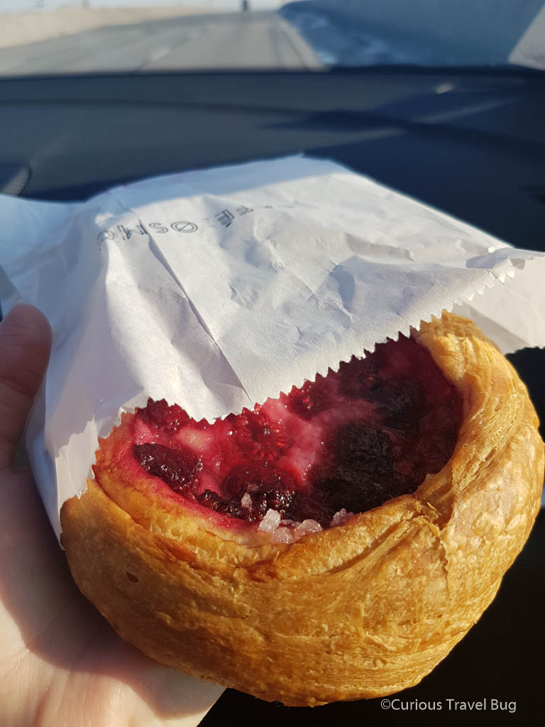 A raspberry Danish from Cafe Osmo in Montreal. Cafe Osmo has a unique interior with a very futuristic vibe and delicious pastries and coffee.