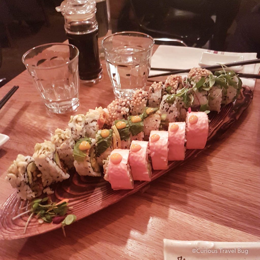 Vegan sushi at Sushi Momo in Montreal. This is my favourite vegan restaurant in Montreal and everything on the menu is delicious. Try the omakase set menu to try a variety of sushi rolls.
