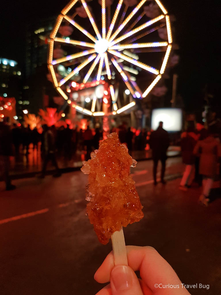 Tire d'erable from Montreal. This is a maple sugar candy that is almost like a toffee that is traditional to Quebec and popular at maple syrup harvest times.