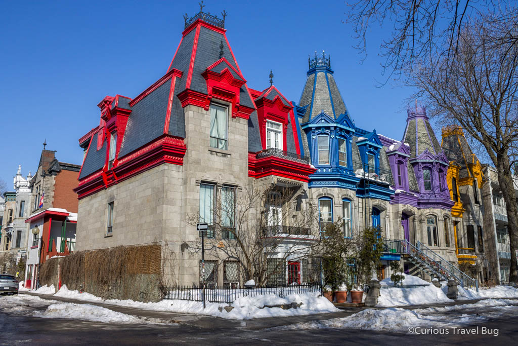 Colorful buildings of Montreal's Square Saint Louis. These adorable houses are one of Montreal's most Instagrammable photo locations and are not to be missed while walking around the Plateau area of Montreal.