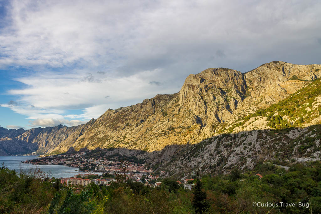 View of the towering mountain above Kotor, Montenegro. Montenegro is named for its black mountains and a trip to Kotor will have you seeing why. They dominate the landscape.