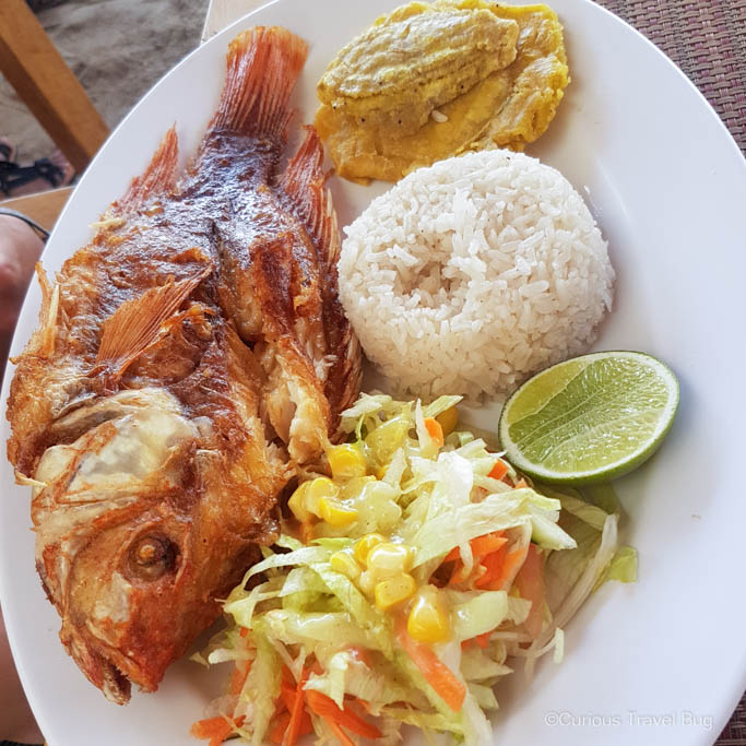 Traditional Colombian lunch in the Rosario Islands with fish, plantains, slaw, and coconut rice